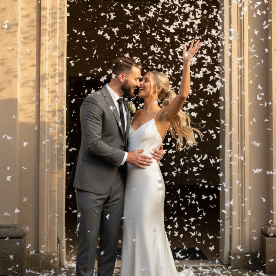 Bride and groom kissing through wedding confetti toss