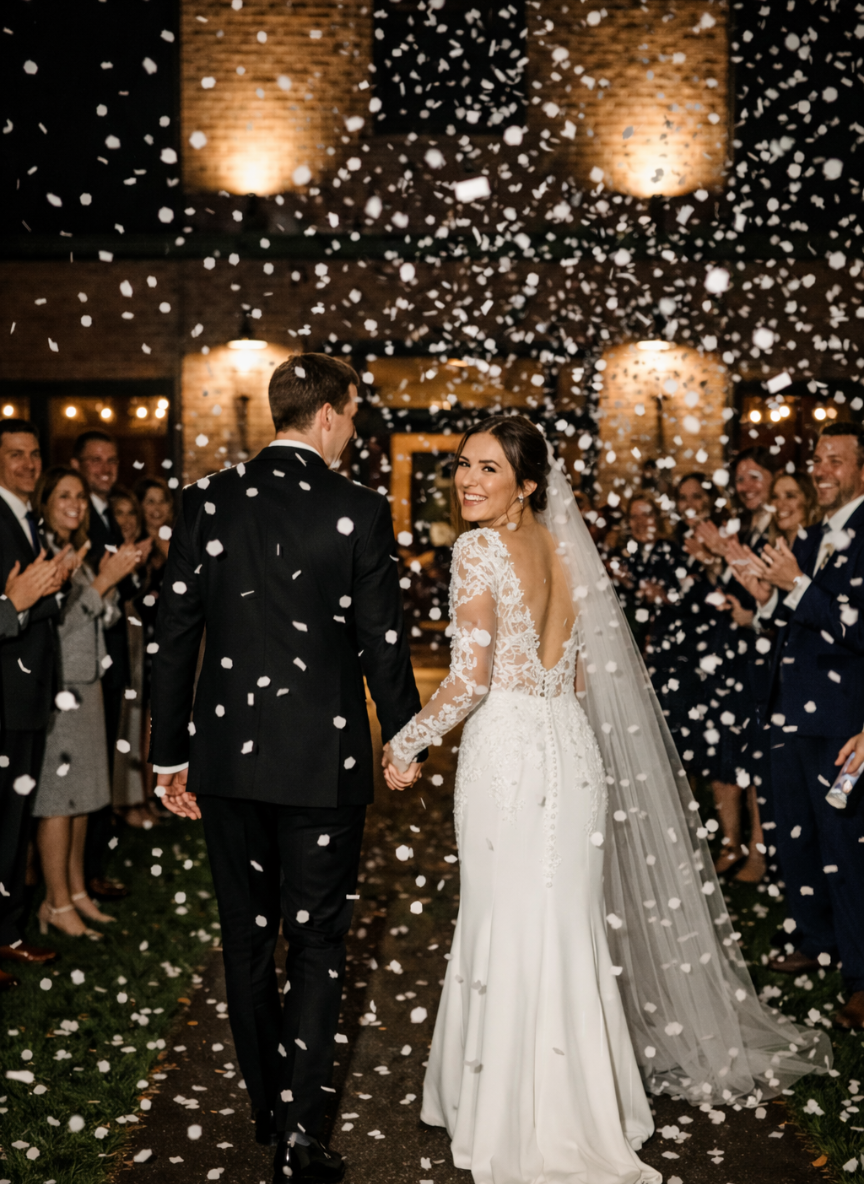 Wedding exit with biodegradable white confetti falling as couple walks hand in hand
