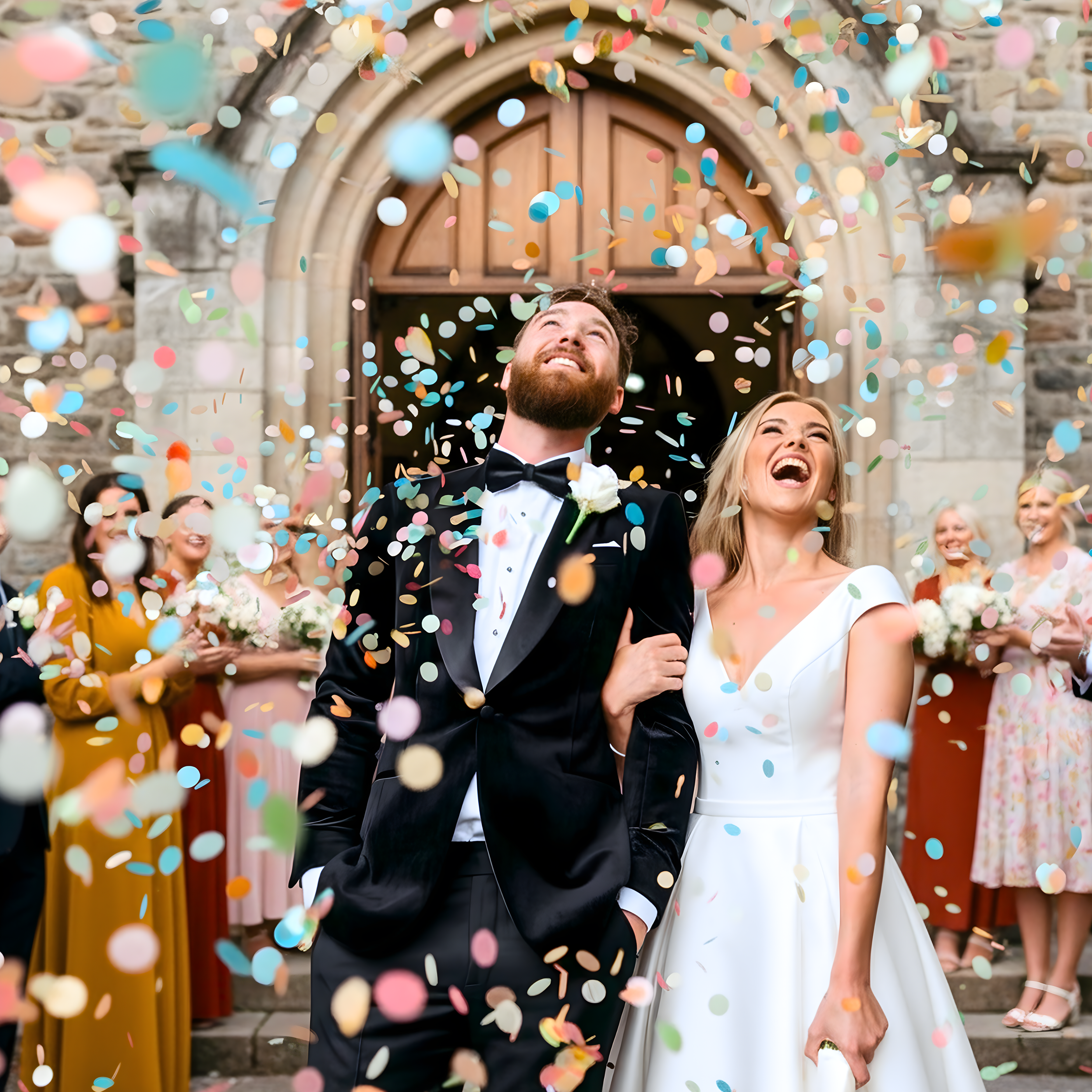Wedding couple standing under colorful confetti with guests in the background.