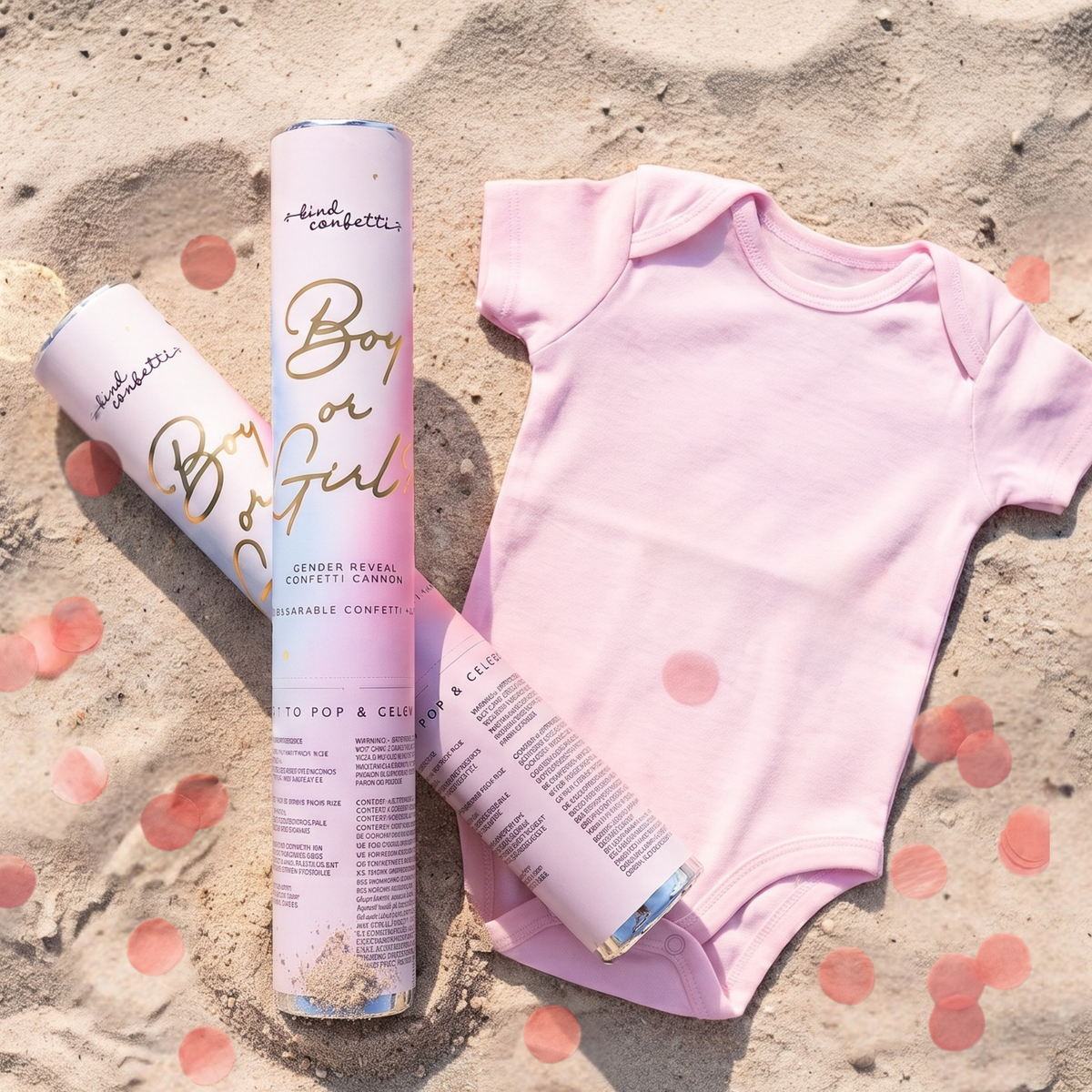 Gender reveal confetti cannons on sand beside a pink baby bodysuit, with scattered pink biodegradable confetti circles around them in bright beach sunlight.