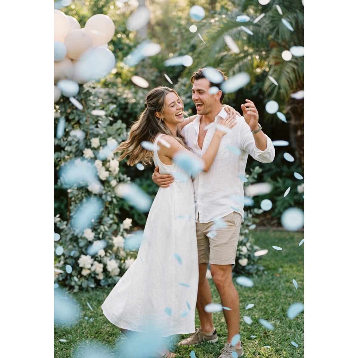 A couple celebrating with blue confetti outdoors, launched from biodegradable gender reveal confetti cannons.