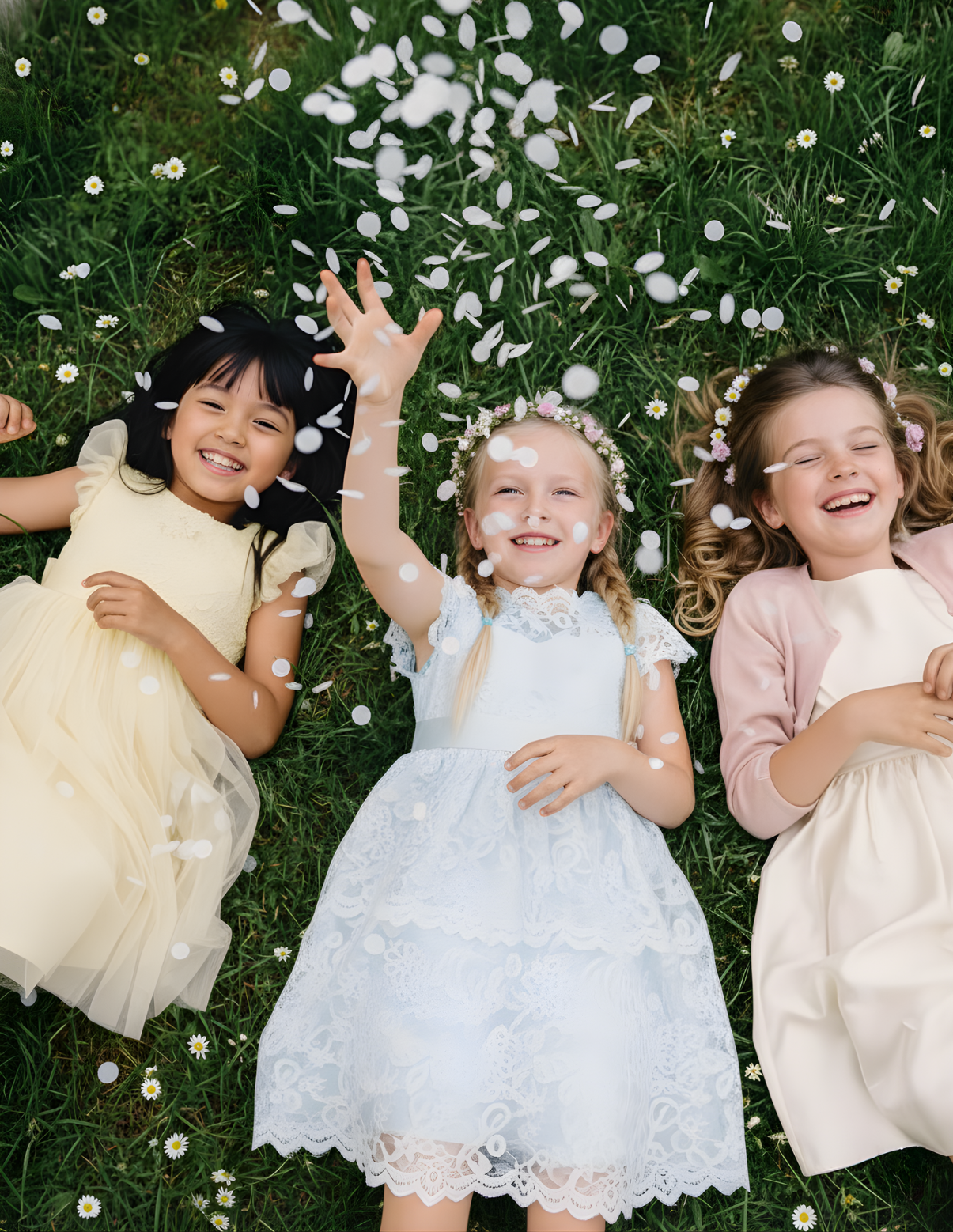 Three young girls in dresses sitting on grass with rice paper confetti around them