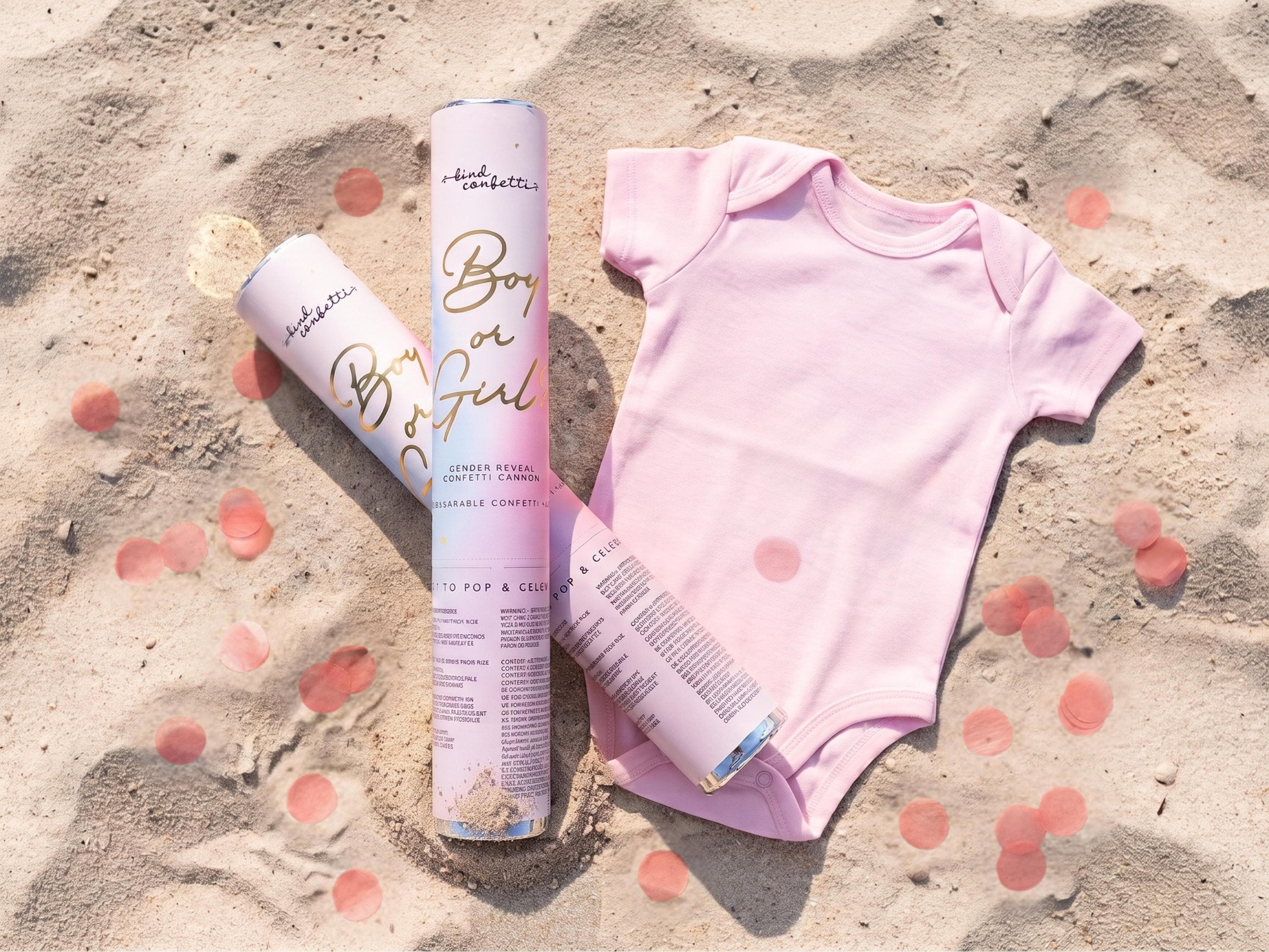 Gender reveal confetti cannons on sand with a pink baby onesie and scattered rice paper confetti