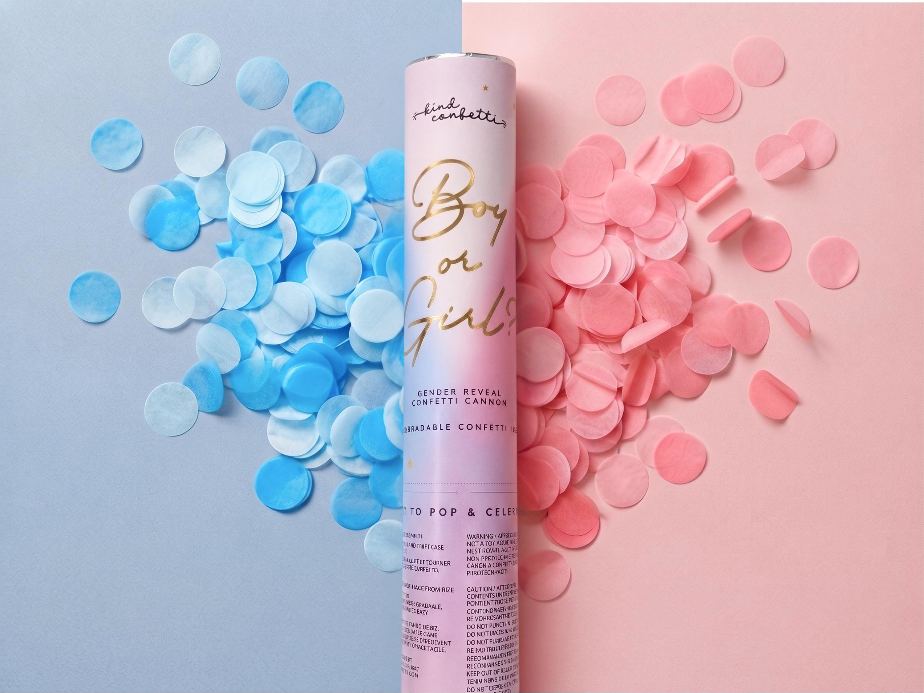 Blue and pink rice paper confetti circles fanned out either side of a Boy or Girl cannon
